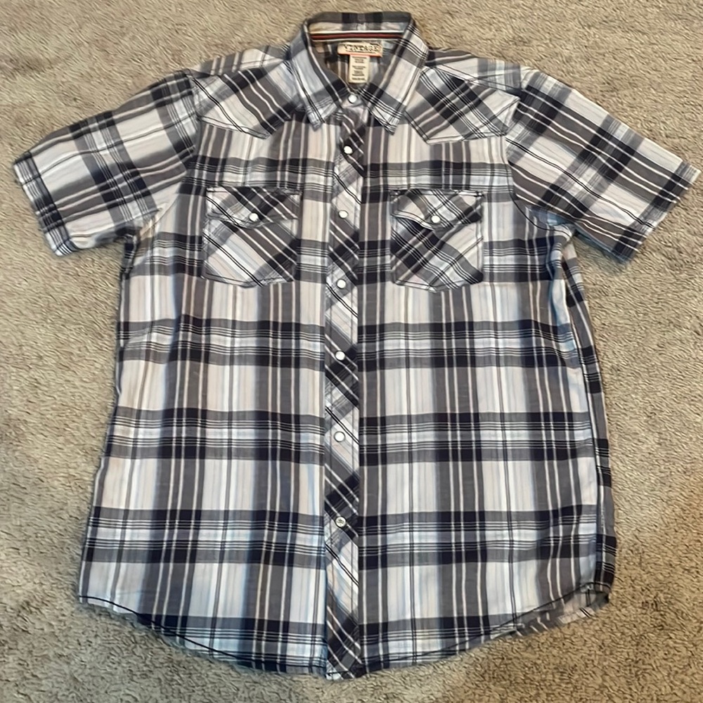 Beautiful Unique Vintage Marble Button Up Shirt Navy Light Blue White Route 66